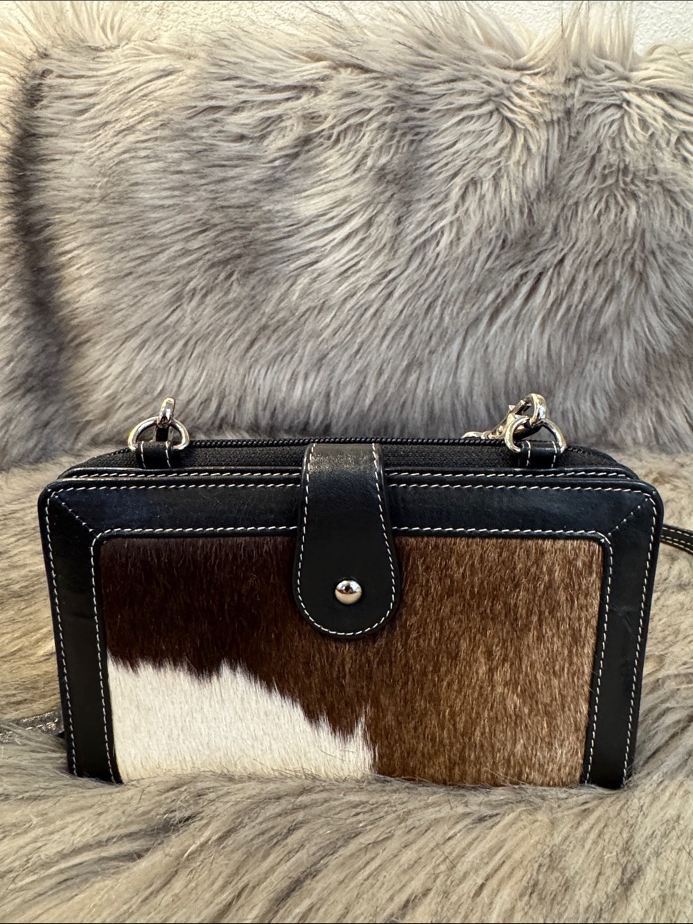 Overland Leather and Hair-On Hide Crossbody Bag-Wallet - Brown & White